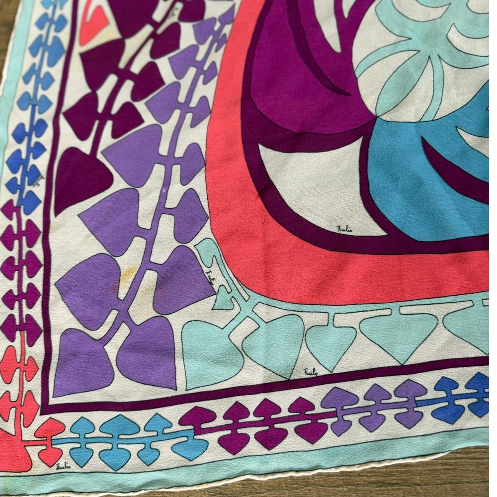 Emilio Pucci Vintage Silk Scarf Psychedelic Butterfly Geometric Purple Blue Pink - Picture 2 of 16